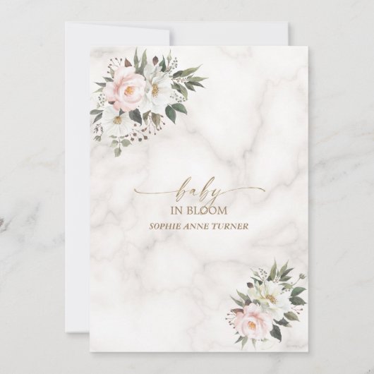 Charm White Pink Flowers Gold Baby in Bloom Kaart (Achterkant)