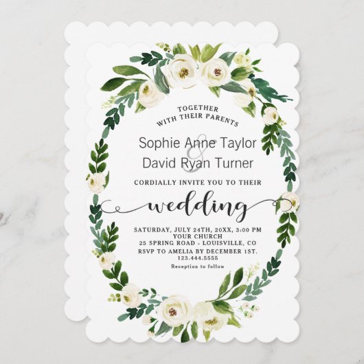 Charm Witte Bloeiende Bloemige Handgeschreven Huwe Kaart (Voorkant / Achterkant)