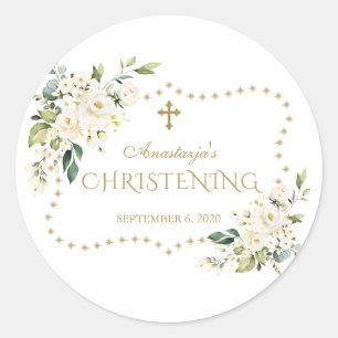 Charm Witte Bloemen Gouden Glitter Frame Doop Ronde Sticker
