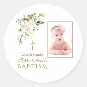 Charm witte bloemen meisje foto doop ronde sticker