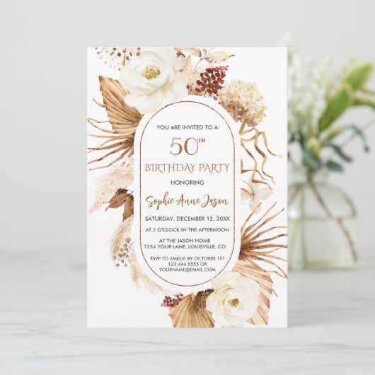 Charm Witte Bloemen Pampas Grass Palm 50ste Verjaa Kaart (Staand voorkant)