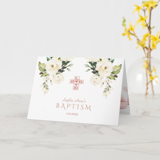 Charm witte bloemen roosgoud kruis foto doop kaart (Gele Bloem)