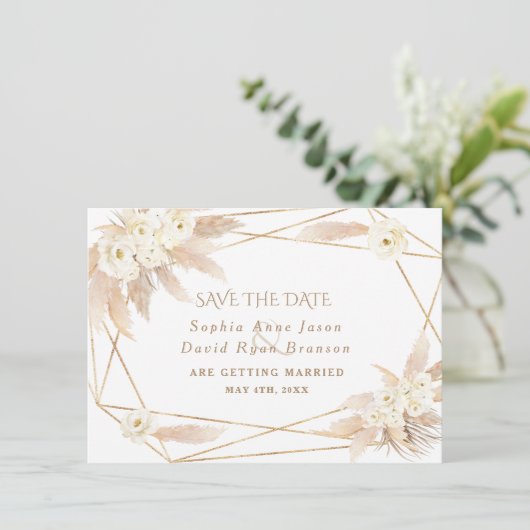 Charm Witte Rozen Pampas Gras Gouden Trouwdag Save The Date (Staand voorkant)