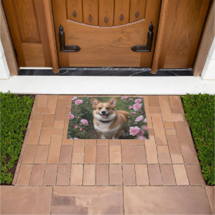 "Charmanante metgezel: een corgi in een roze rozen Deurmat