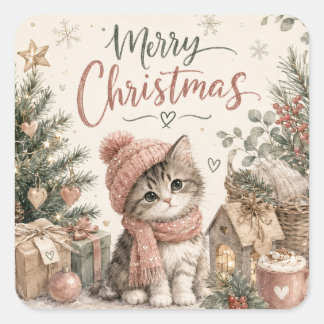 Charmant autocollant carré de chaton de Noël migno