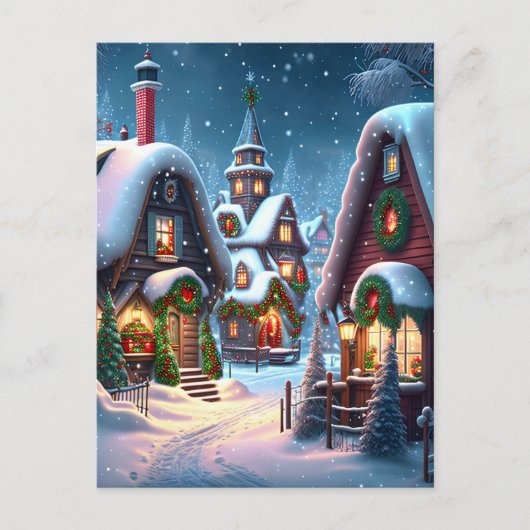 Charmant besneeuwd kerstdorp briefkaart (Voorkant)