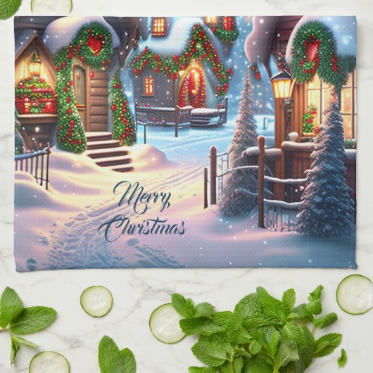 Charmant besneeuwd kerstdorp op maat theedoek (Gevouwen)