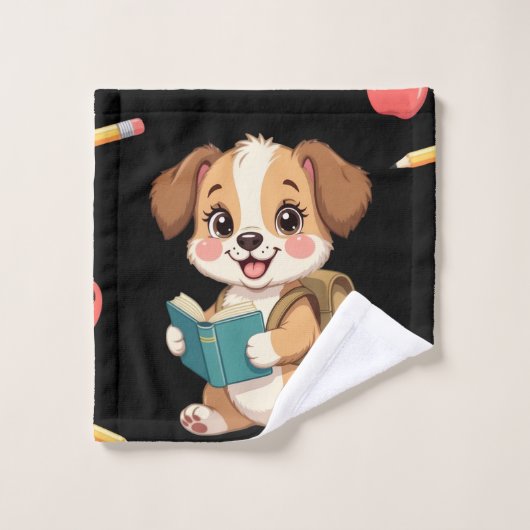 Charmant chiot lisant, motif cartable (Gant de toilette)