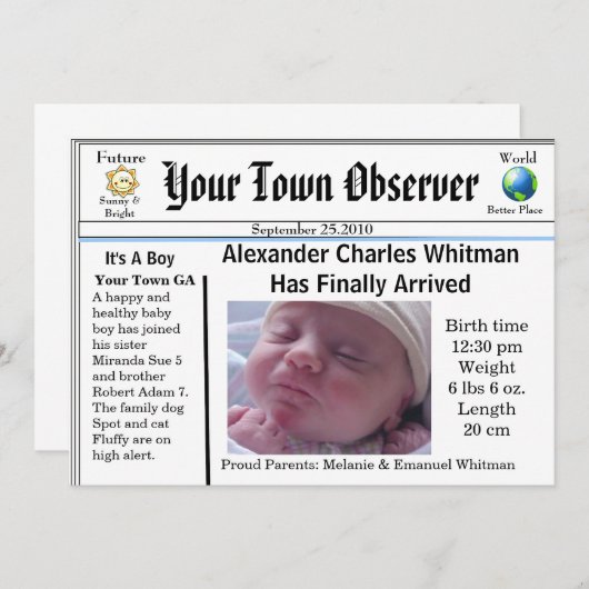 Charmant et unique Faire-part de naissance bébé (Devant / Derrière)