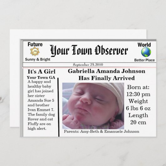 Charmant et unique Faire-part de naissance bébé (Devant / Derrière)