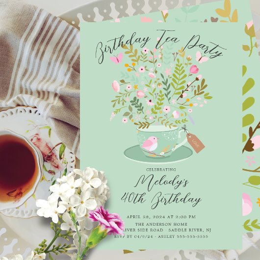 Charmant Floral Anniversaire Tea Party Invitation