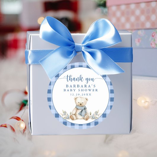 Charmant Gingham Teddy Bear Baby shower Bedankt Ronde Sticker