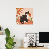 Charmant Kat met bloemen Poster (Thuiskantoor)