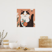 Charmant Kat met bloemen Poster (Keuken)