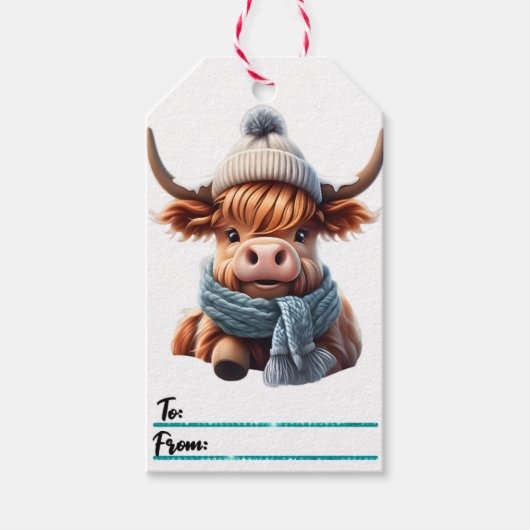 Charmant kerst label met een gezellige koe cadeaulabel (Voorkant)