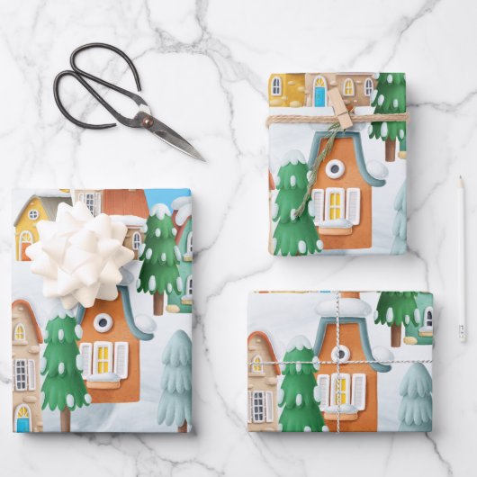 Charmant kerstdorp herbergt bomen sneeuw inpakpapier vel (Voorkant)