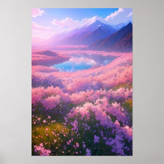 Charmant meer omringd door roze bloemen poster (Voorkant)