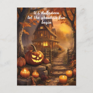 Charmant Spooky Halloween Cottage met pompoenen Briefkaart
