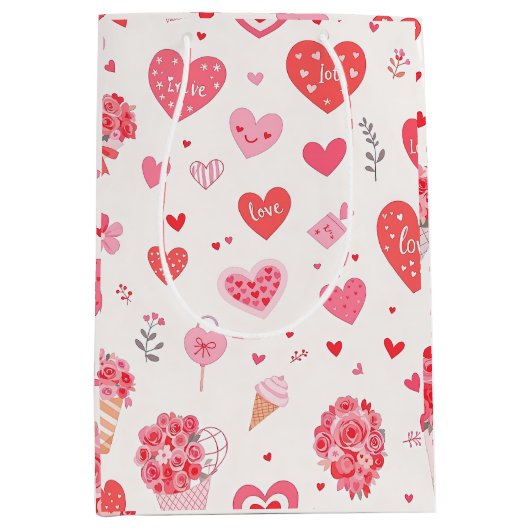 Charmant Valentijns ontwerp met harten en bloemen Medium Cadeauzakje (Voorkant)