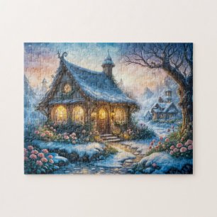 Charmant winterhuisje met feestelijke verlichting legpuzzel