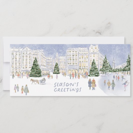 Charmant winterstadsbeeld geïllustreerde vakantie feestdagenkaart (Voorkant)