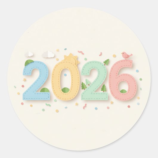 Charmante 2026 nummers in pastel papier cutout sti ronde sticker (Voorkant)