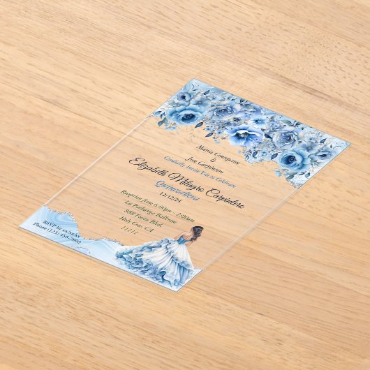 Charmante Baby Blauw en Zilver Quinceañera Bloemen Acryl Uitnodigingen (Laagn)
