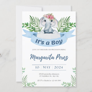 Charmante baby jongen olifant illustratie uitnodig kaart