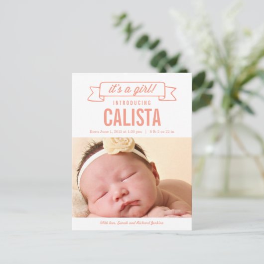 Charmante Banner Geboorteaankondiging - Baby Girl Aankondigingskaart (Staand voorkant)