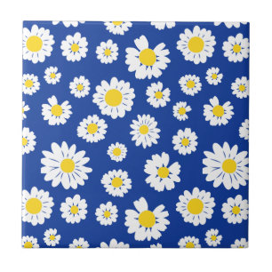 Charmante Daisy Bloemen Ontwerp Blauwe Achtergrond Tegeltje