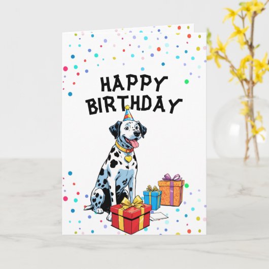 Charmante Dalmatiër met Cadeaudozen Verjaardag Kaart (Gele Bloem)