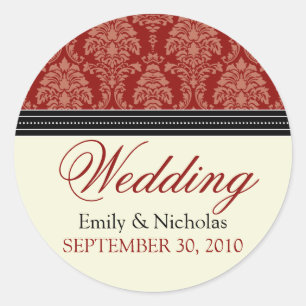 Charmante Damask bruiloft uitnodigingszegel (rood) Ronde Sticker