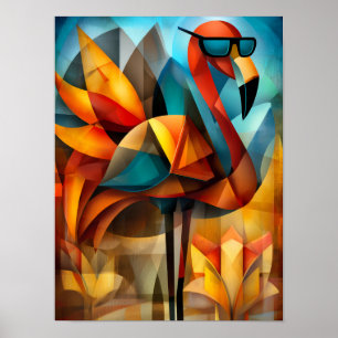 Charmante Flamingo – Cubistische Cool met Zonnebri Poster
