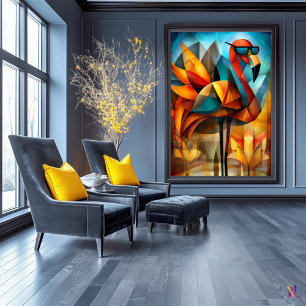 Charmante Flamingo – Kubist Koel in Schaduwen Poster
