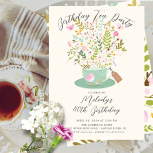 Charmante Floral Verjaardag Tea Party uitnodiging