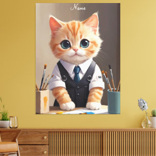 Charmante Ginger Cat Artist met Paintbrushes Schat Canvas Afdruk