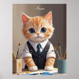 Charmante Ginger Cat Artist met Paintbrushes Schat Poster