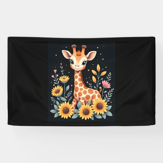Charmante Giraffe omgeven door bloemen met lange m Spandoek (Horizontaal)