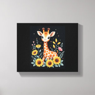 Charmante Giraffe Omringd Door Bloemen Lange Mouwe Canvas Afdruk