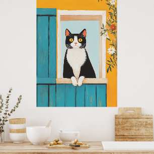 Charmante kat in het raam poster