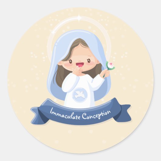 Charmante Kawaii Maagd Maria met Bloem – Beige Ronde Sticker (Voorkant)