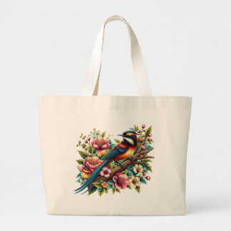 Charmante kleurrijke vogel en bloem grote tote bag