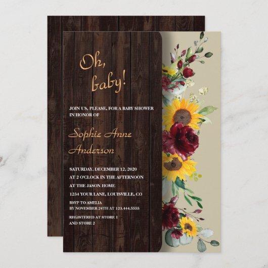 Charmante Koninklijke Bourgondië Zonnebloem Bruids Kaart (Voorkant / Achterkant)