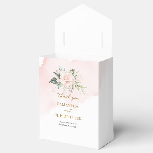 Charmante lichtroze rozen groen & gouden bruiloft bedankdoosjes (Geopend)