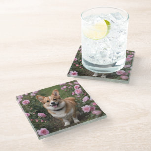 Charmante metgezel: een corgi in een roze rozentui glazen onderzetter