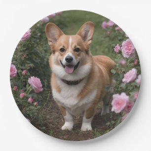Charmante metgezel: een corgi in een roze rozentui papieren bordje