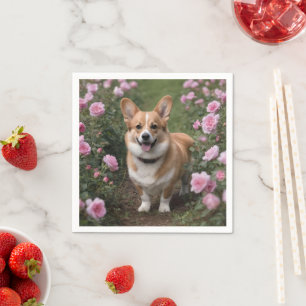 Charmante metgezel: een corgi in een roze rozentui servet