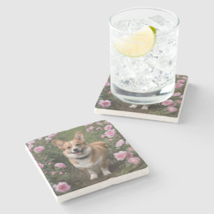 Charmante metgezel: een corgi in een roze rozentui stenen onderzetter