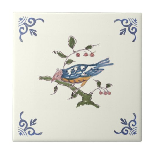 Charmante Repro Delft Bird op Branch w/Berries Tegeltje (Voorkant)