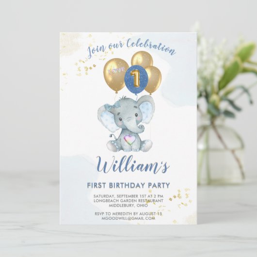 Charmante roze blauwe olifant eerste verjaardag jo kaart (Staand voorkant)